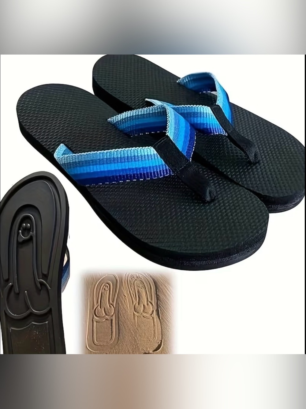 Men's Black Flip Flops with Blue Striped Straps - Picture 2 of 6